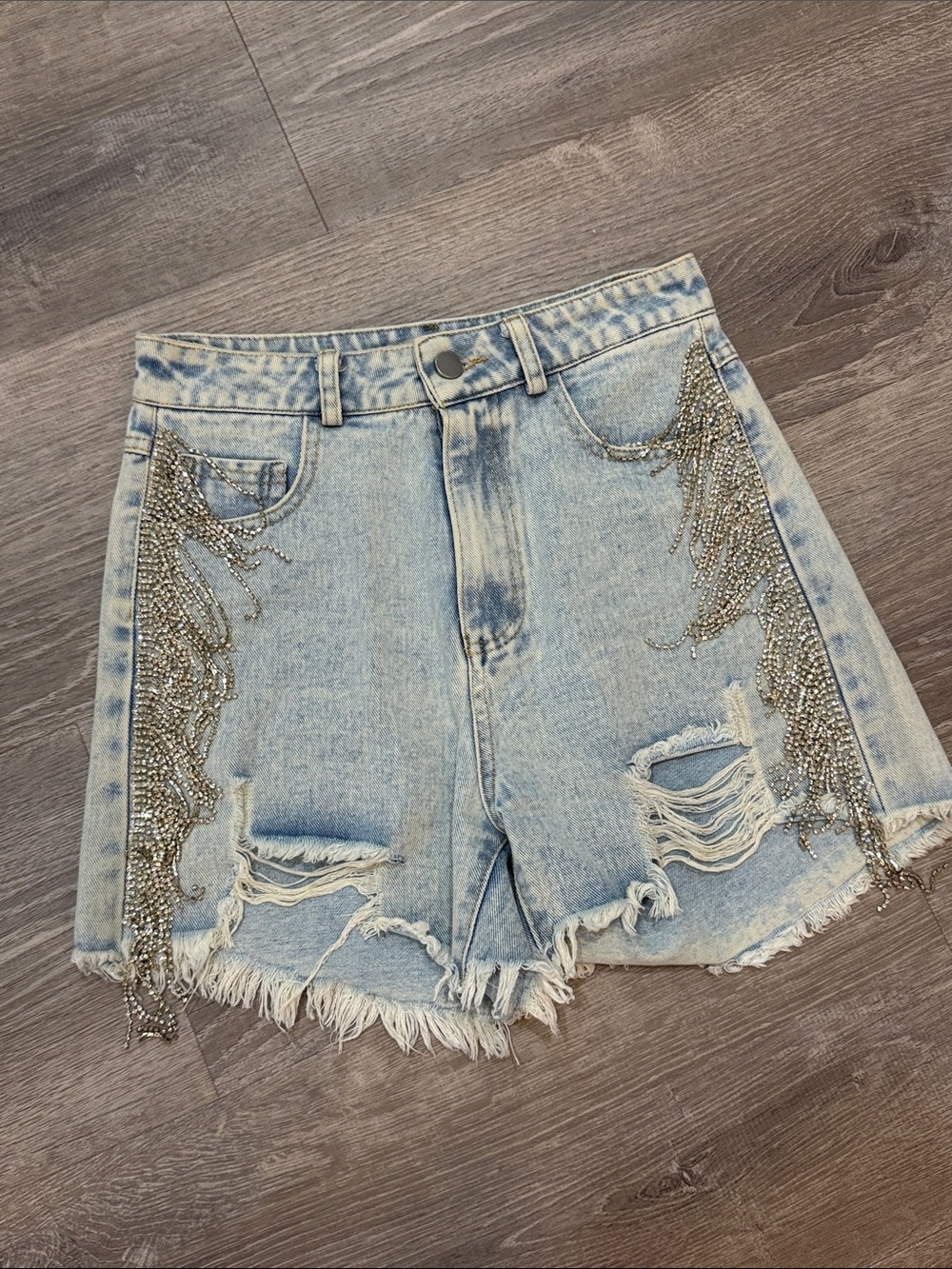 Rhinestone Fringe Distressed High-Rise Jean Shorts